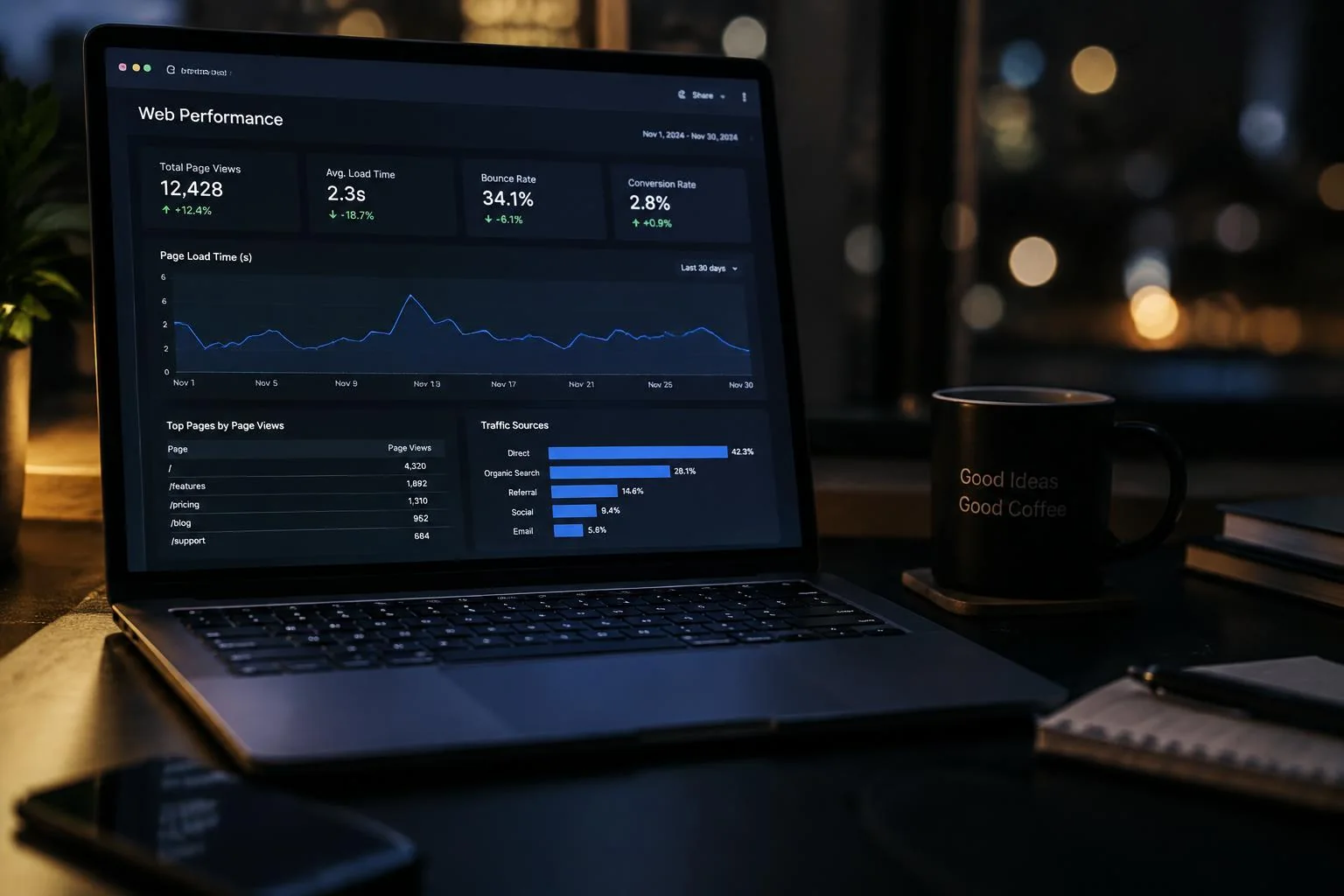 Performance monitoring dashboard with rising metrics